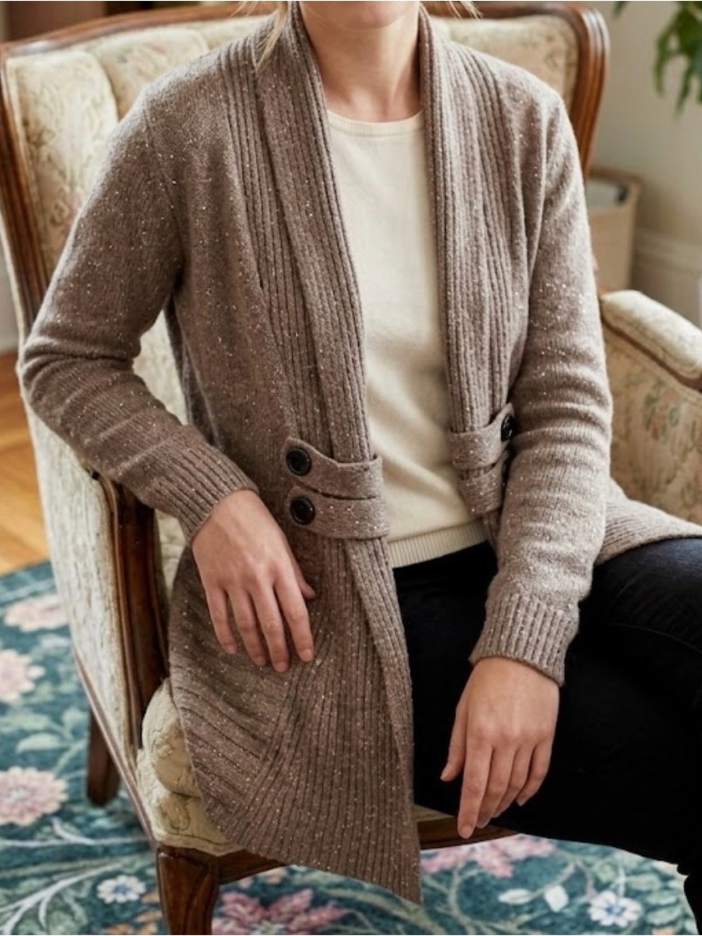 AB Studio Tab Front Ribbed Cardigan with Button Accents Size Medium